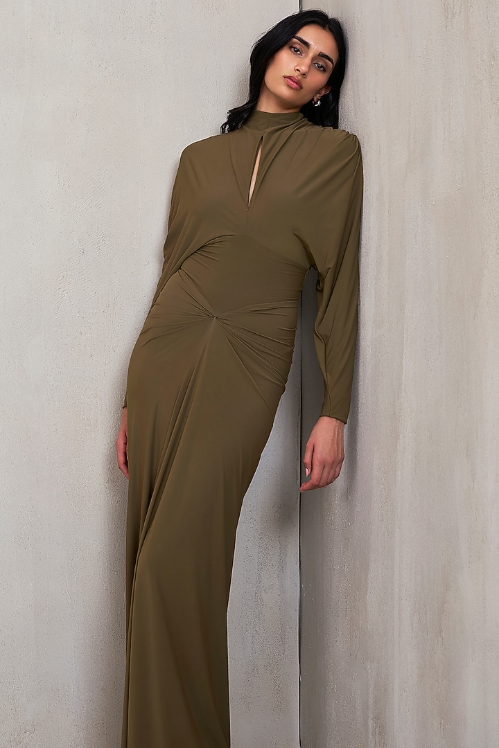 Sand Green Malai Structured Draped Gown by Deme by Gabriella at Pernia's Pop Up Shop