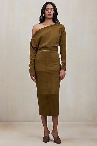 Sand Green Suede Fitted Skirt Set by Deme by Gabriella