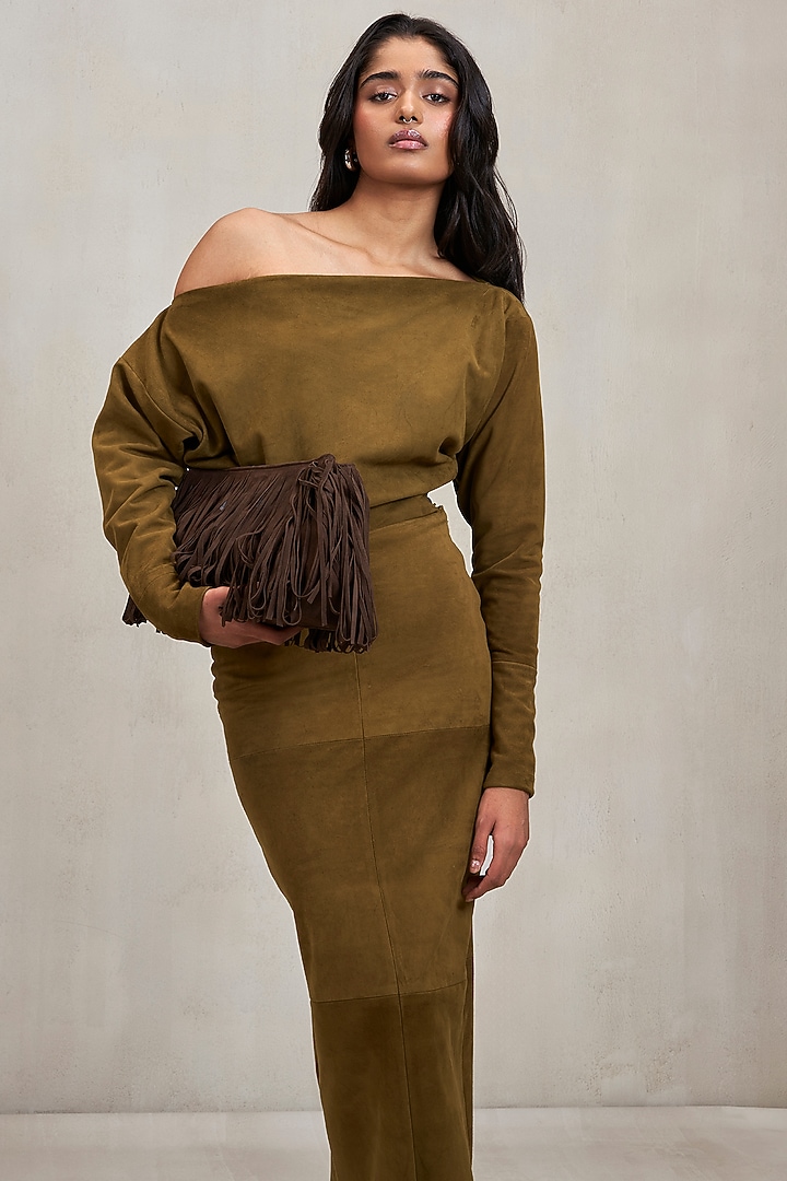 Sand Green Suede Fitted Skirt Set by Deme by Gabriella at Pernia's Pop Up Shop