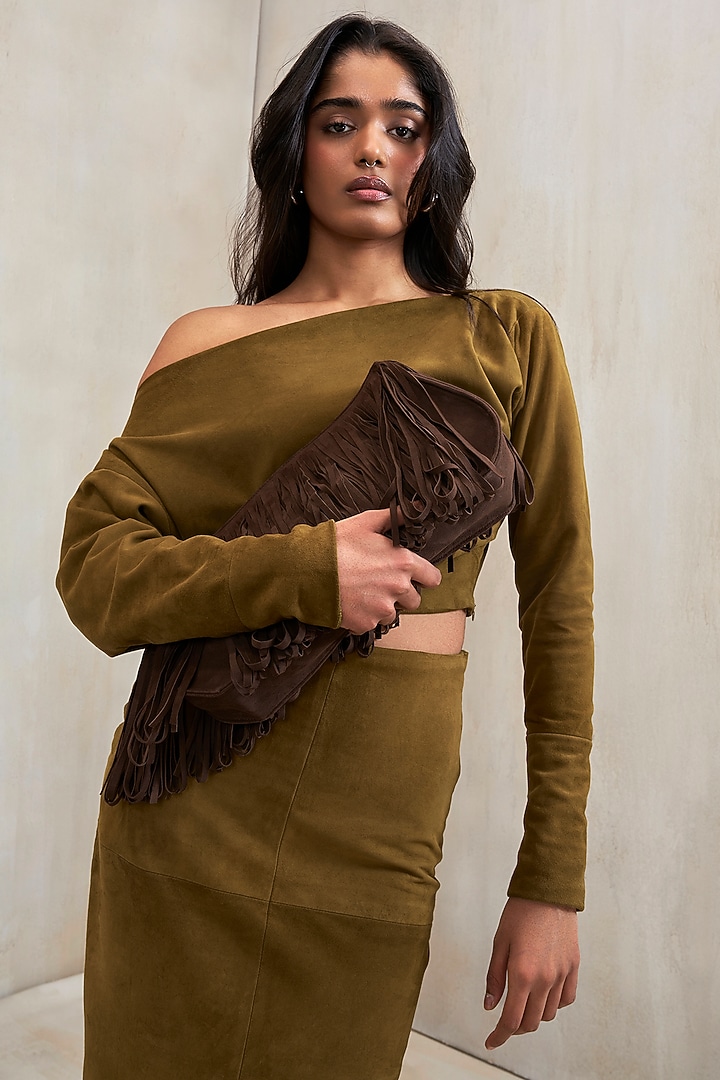 Sand Green Suede Fitted Skirt Set by Deme by Gabriella at Pernia's Pop Up Shop