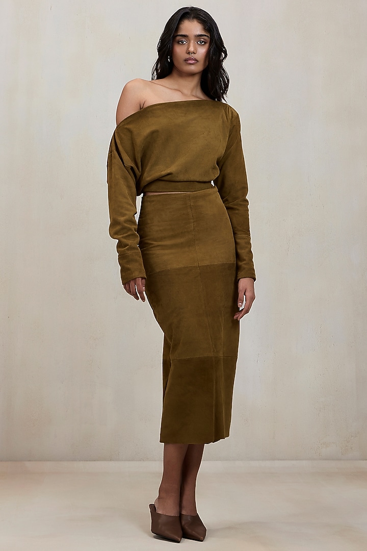 Sand Green Suede Fitted Skirt Set by Deme by Gabriella at Pernia's Pop Up Shop