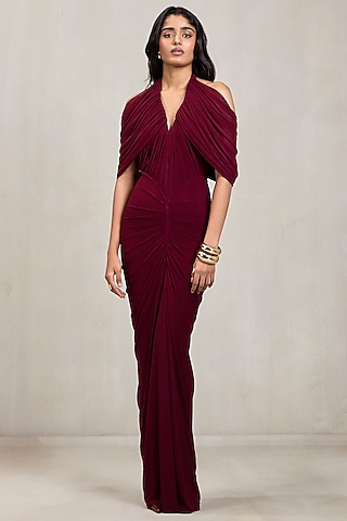 Aubergine Malai Net Draped Gown by Deme by Gabriella