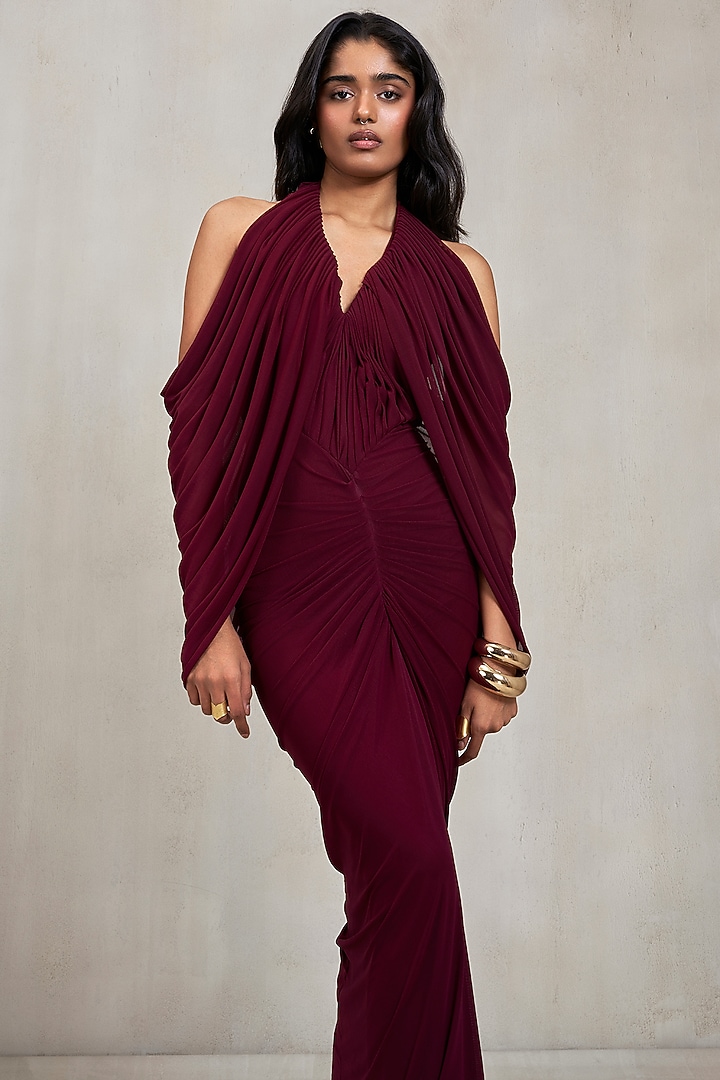 Aubergine Malai Net Draped Gown by Deme by Gabriella at Pernia's Pop Up Shop