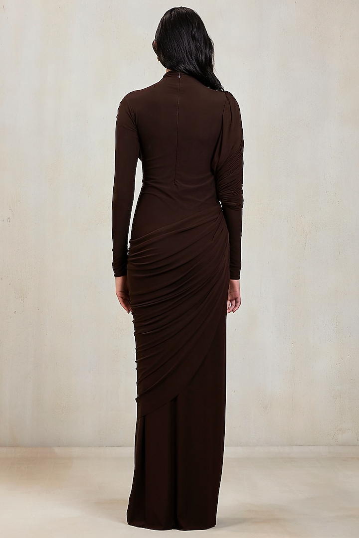 Espresso Brown Malai Net Pleated Draped Gown by Deme by Gabriella at Pernia's Pop Up Shop