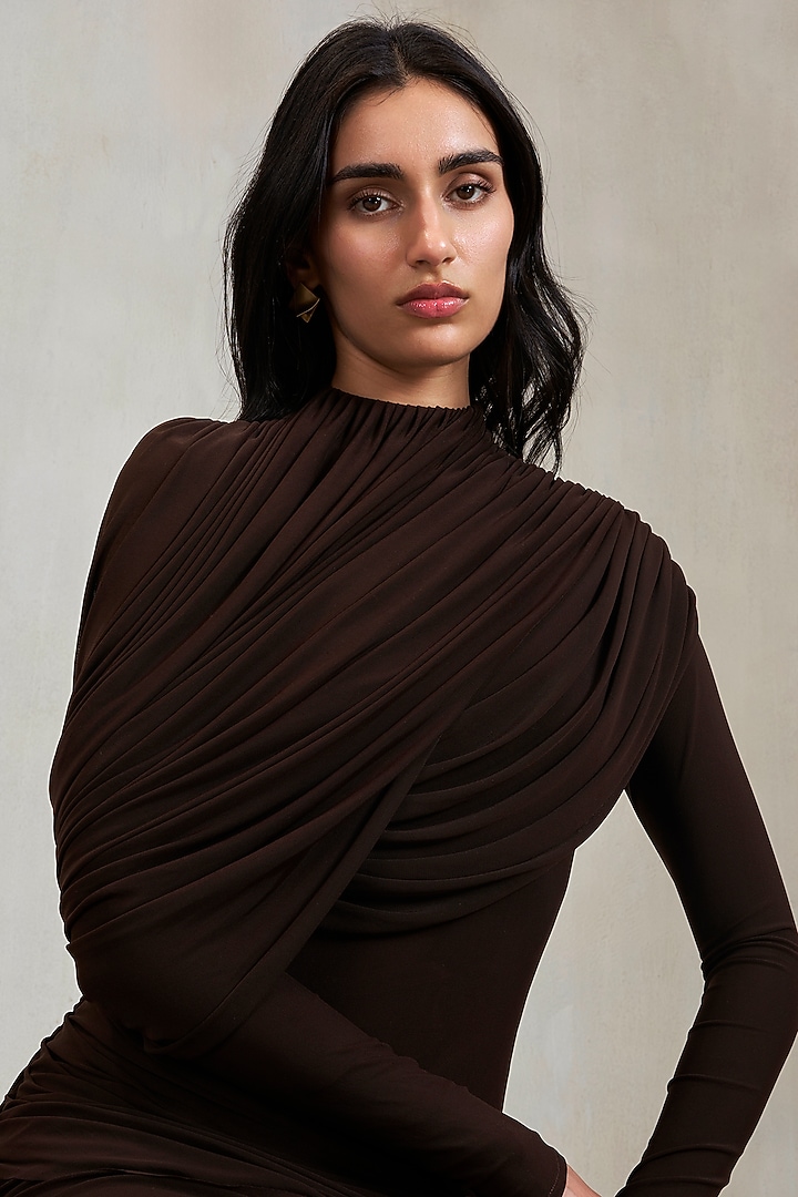 Espresso Brown Malai Net Pleated Draped Gown by Deme by Gabriella at Pernia's Pop Up Shop