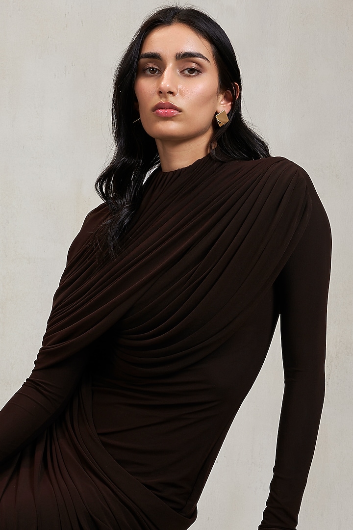 Espresso Brown Malai Net Pleated Draped Gown by Deme by Gabriella at Pernia's Pop Up Shop