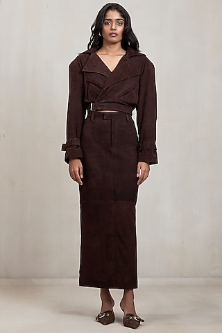 Espresso Brown Suede Jacket Set by Deme by Gabriella