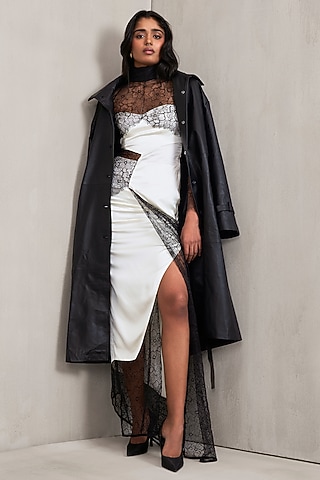 Off White & Black Lace Satin Co-Ord Set by Deme by Gabriella
