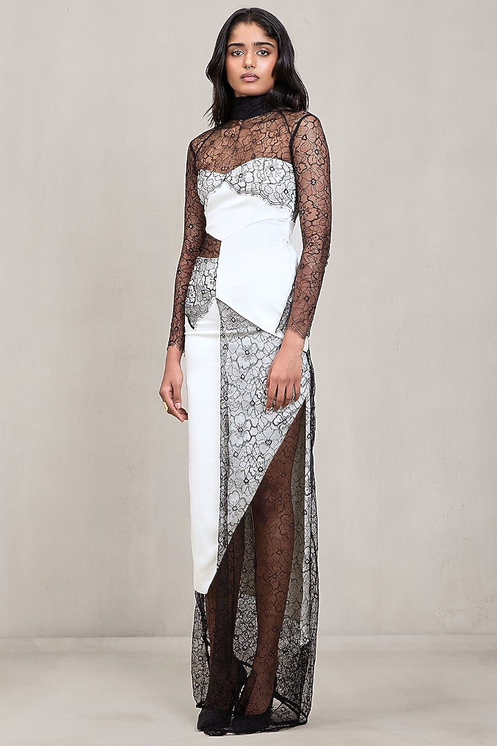 Off White & Black Lace Satin Co-Ord Set by Deme by Gabriella at Pernia's Pop Up Shop