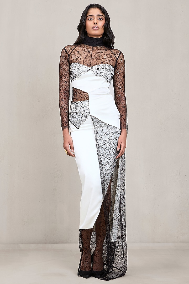Off White & Black Lace Satin Co-Ord Set by Deme by Gabriella at Pernia's Pop Up Shop