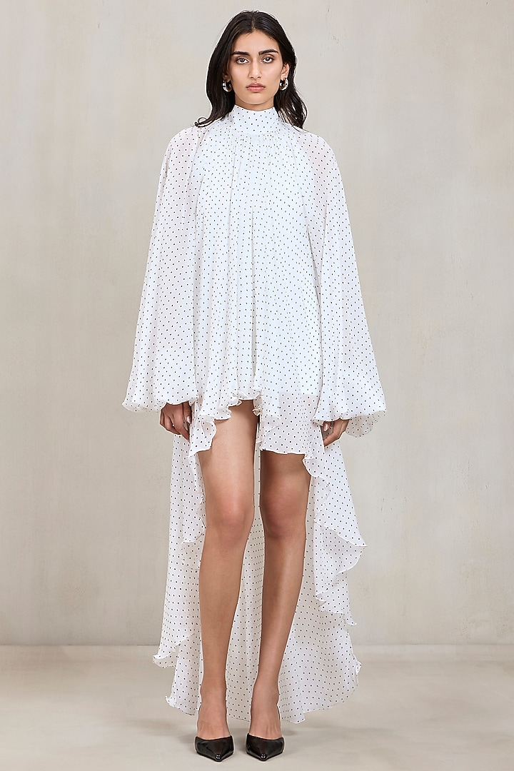 Off-White Chiffon Polka Dot High-Low Mini Cocktail Dress by Deme by Gabriella at Pernia's Pop Up Shop
