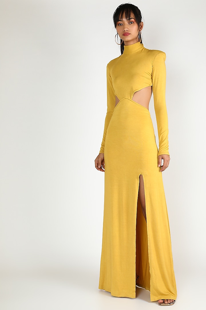 Yellow Gown With Exaggerated Shoulders by Deme by Gabriella