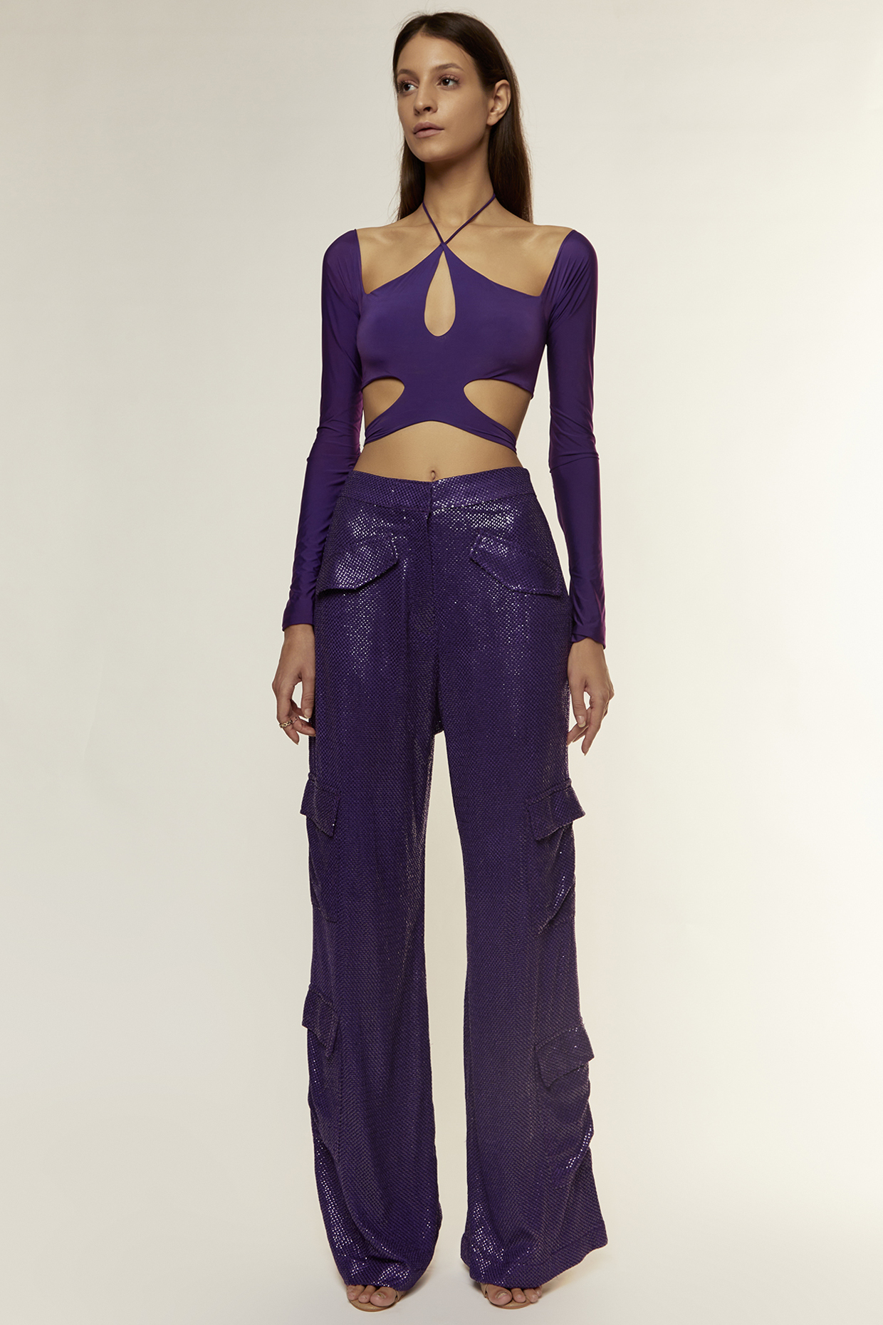 Purple Sequin Cargo Pant Set by Deme by Gabriella