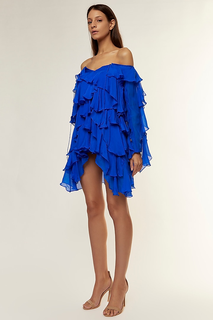 Blue Chiffon Ruffled Mini Dress by Deme by Gabriella