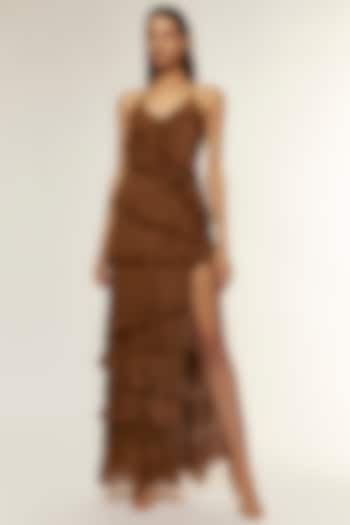 Brown Chiffon Ruffled Dress by Deme by Gabriella