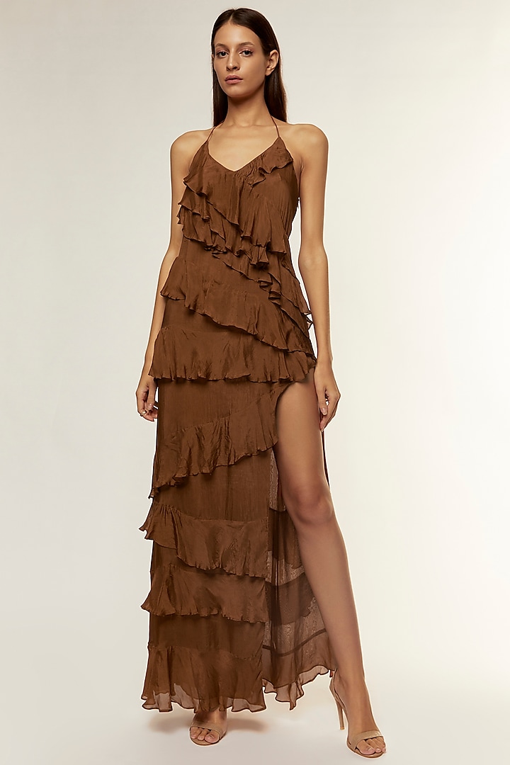 Brown Chiffon Ruffled Dress by Deme by Gabriella