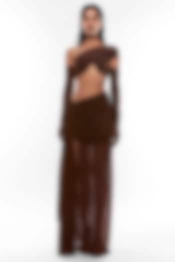 Chocolate Brown Net Draped Skirt Set by Deme by Gabriella