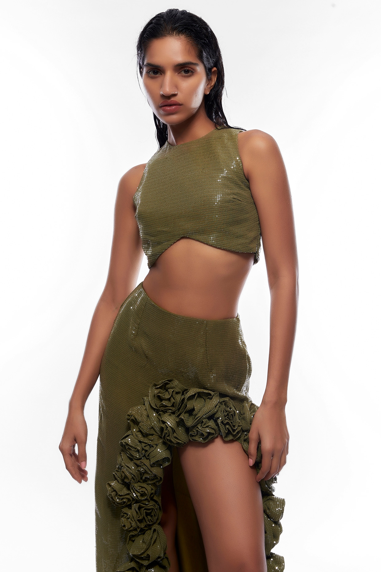 Olive Green Sequins & Chiffon Skirt Set Design by Deme by