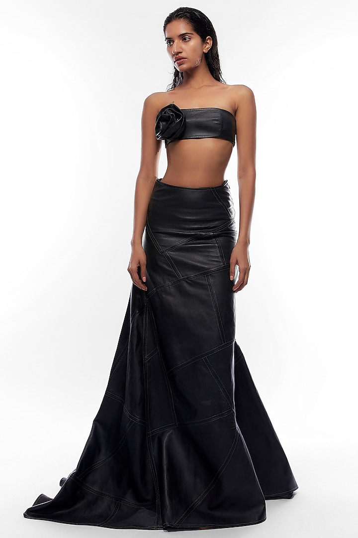 Black Leather Paneled Skirt Set by Deme by Gabriella