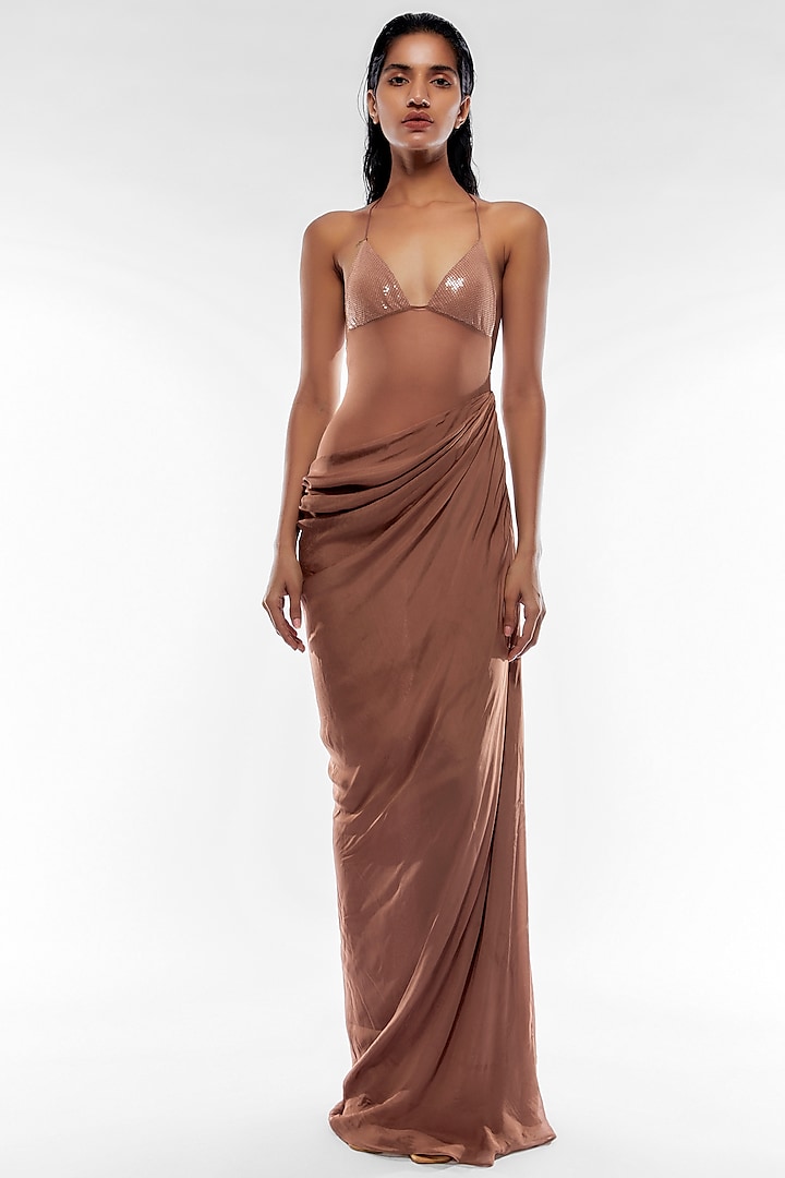 Nude Pink Sequins & Net Draped Dress by Deme by Gabriella