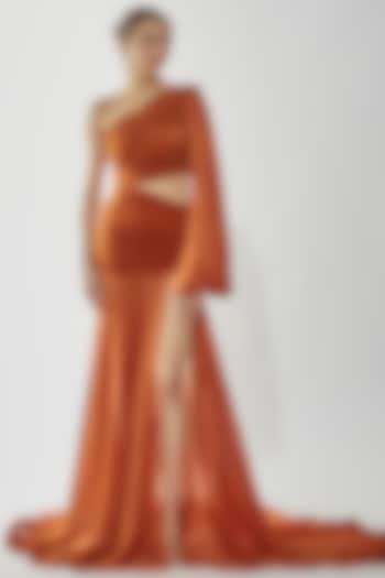Rust Malai Lycra & Chiffon Gown by Deme by Gabriella
