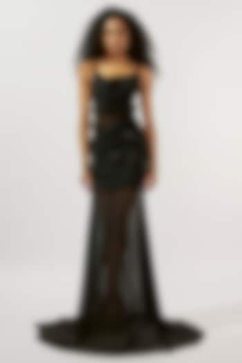 Black Malai Lycra & Mesh Flared Gown by Deme by Gabriella at Pernia's Pop Up Shop