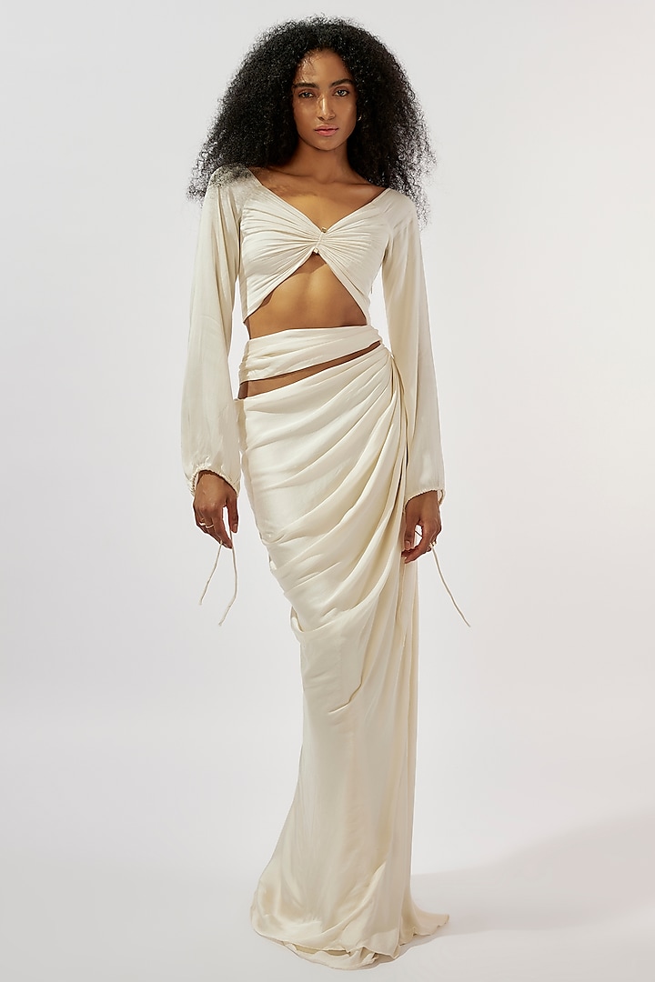 Ivory Modal Satin Ruched Gown by Deme by Gabriella