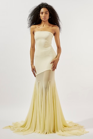 Butter Yellow Malai Lycra Tube Gown by Deme by Gabriella