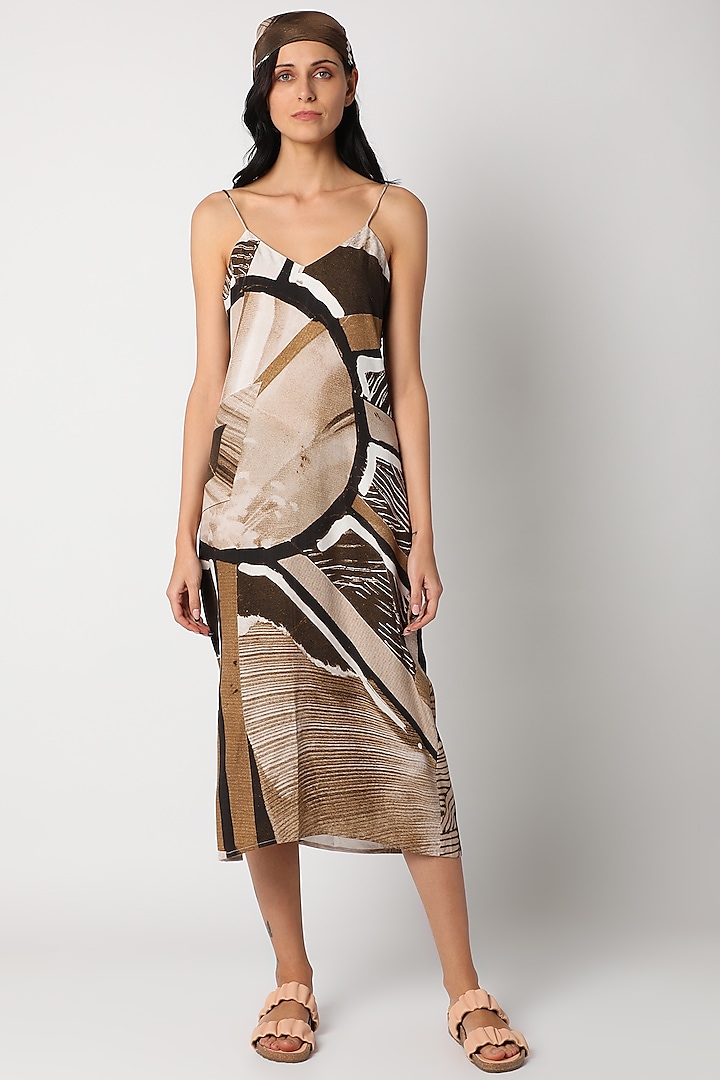 Brown Digital Printed Slip Dress by Deme by Gabriella