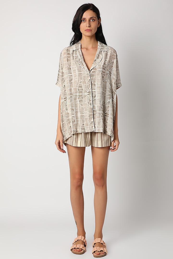 Beige Printed Shirt With Shorts by Deme by Gabriella