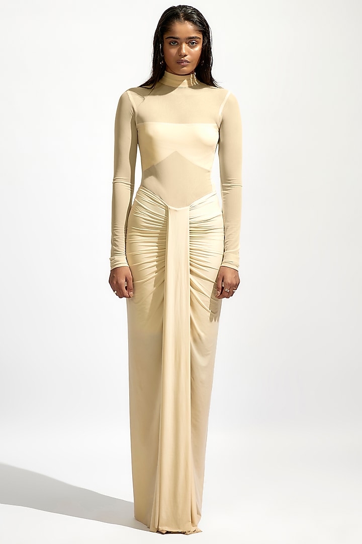 Off-White Malai Lycra & Net Draped High Neck Dress by Deme by Gabriella