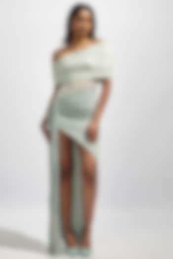 Grey Net Off-Shoulder Ruched Dress by Deme by Gabriella