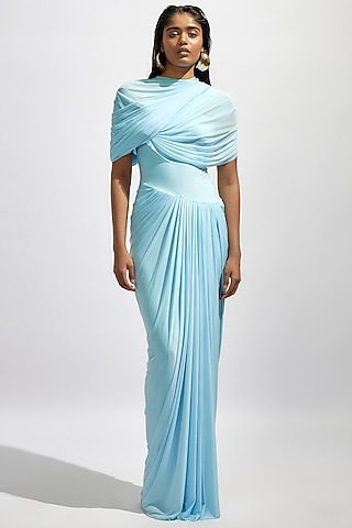 Blue Net Draped Dress by Deme by Gabriella