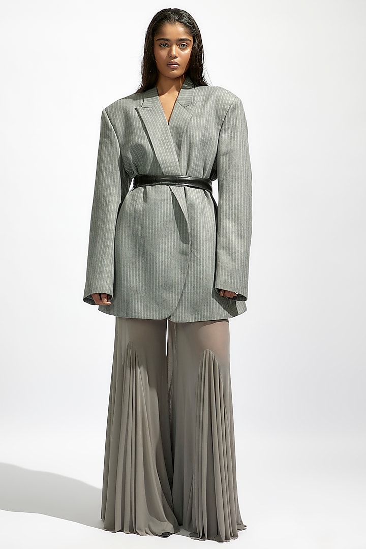 Grey Suiting & Net Blazer Set by Deme by Gabriella