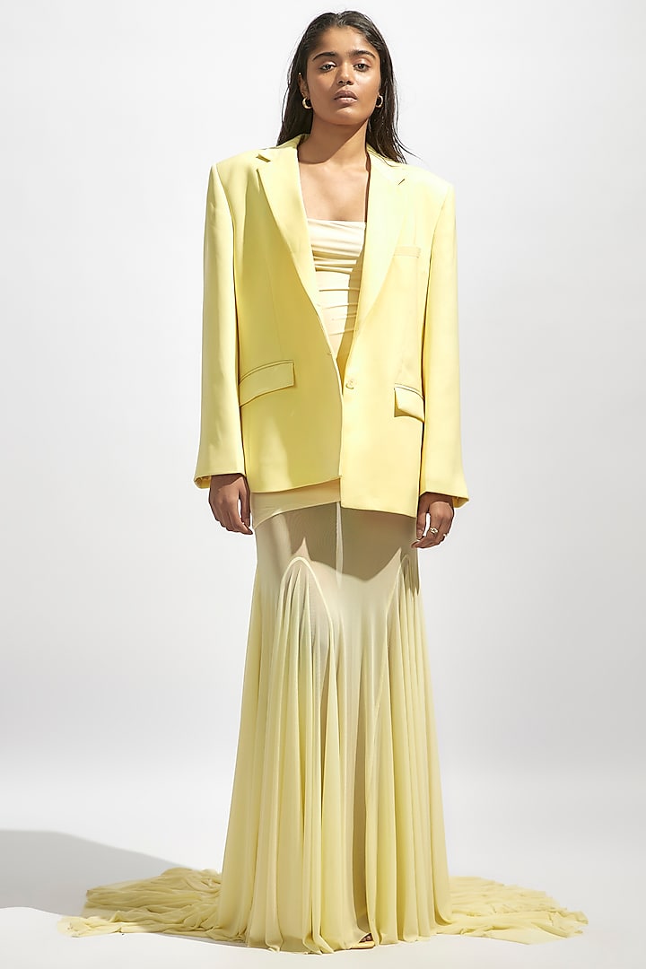 Butter Yellow Malai Lycra & Net Dress With Blazer by Deme by Gabriella