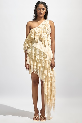 Butter Yellow Chiffon & Lace One Shoulder Ruffled Dress by Deme by Gabriella
