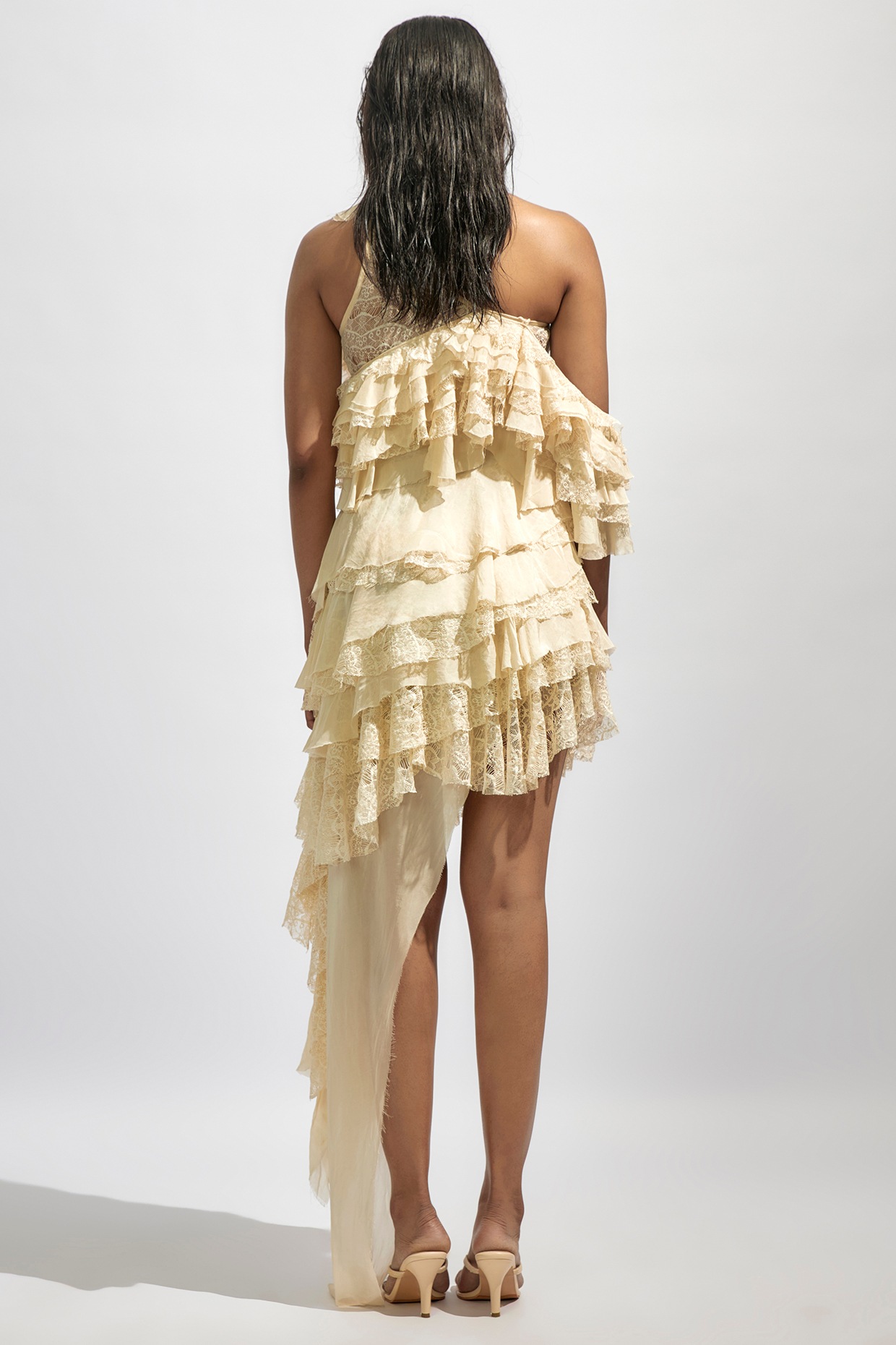 Butter Yellow Chiffon & Lace One Shoulder Ruffled Dress by Deme by