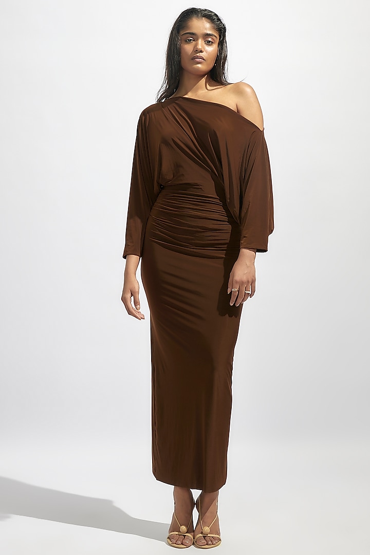 Brown Malai Lycra Off-Shoulder Draped Dress by Deme by Gabriella