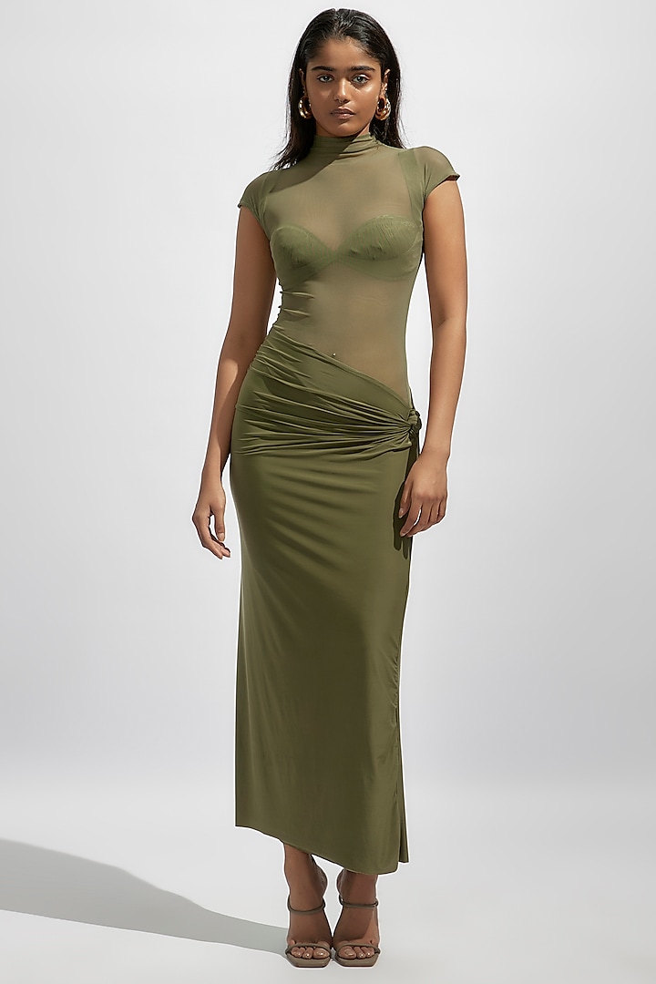 Olive Green Malai Lycra & Net Dress With Bralette by Deme by Gabriella