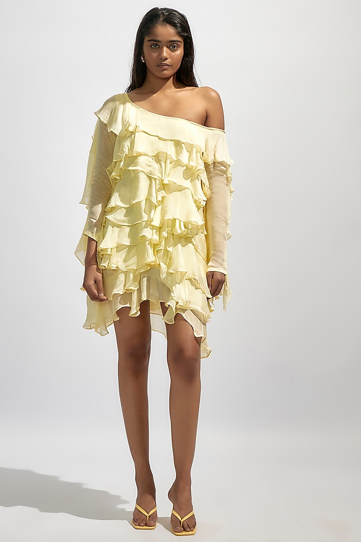 Butter Yellow Chiffon Ruffled One Shoulder Dress by Deme by Gabriella