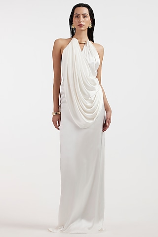 White Satin Draped Gown by Deme by Gabriella