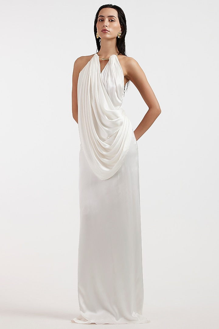 White Satin Draped Engagement Gown by Deme by Gabriella at Pernia's Pop Up Shop