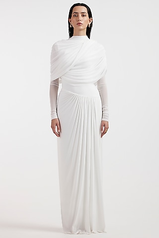 White Malai & Net Draped Dress by Deme by Gabriella