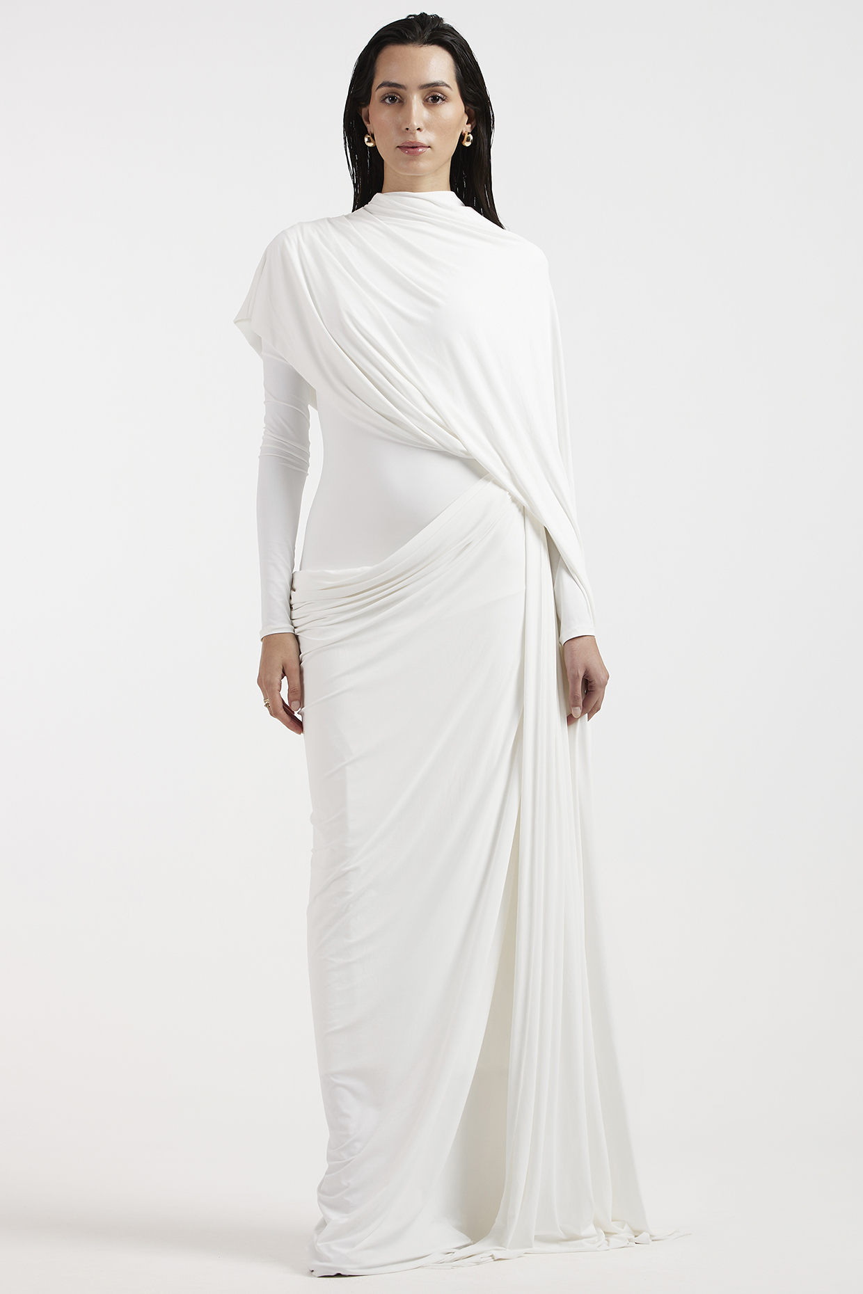 White Malai Lycra Cowl Engagement Gown by Deme by Gabriella at Pernia's Pop Up Shop