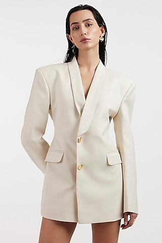 Off-White Suiting Cinched Waist Blazer Dress by Deme by Gabriella