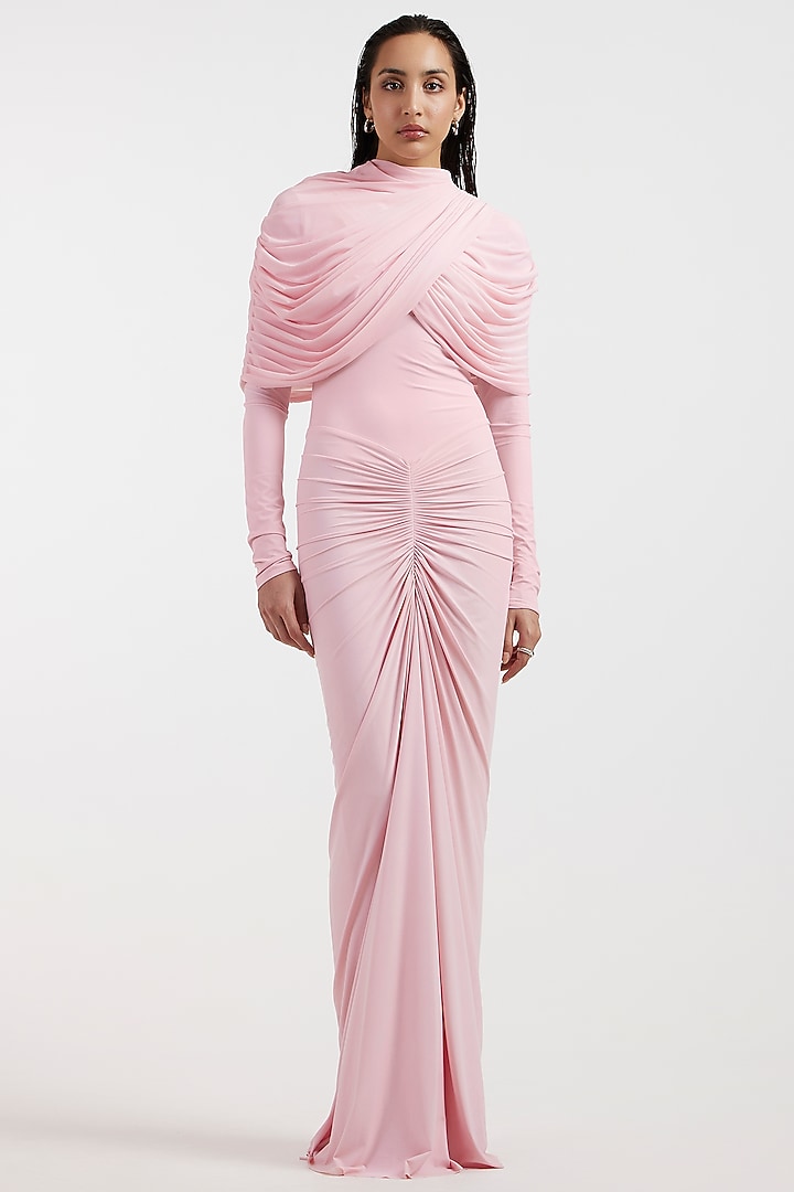 Baby Pink Malai & Net Draped Cocktail Dress by Deme by Gabriella at Pernia's Pop Up Shop