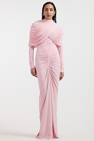 Baby Pink Malai & Net Draped Dress by Deme by Gabriella
