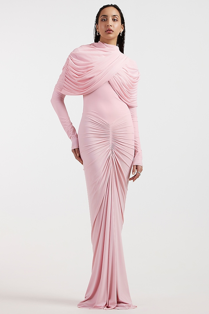 Baby Pink Malai & Net Draped Cocktail Dress by Deme by Gabriella at Pernia's Pop Up Shop