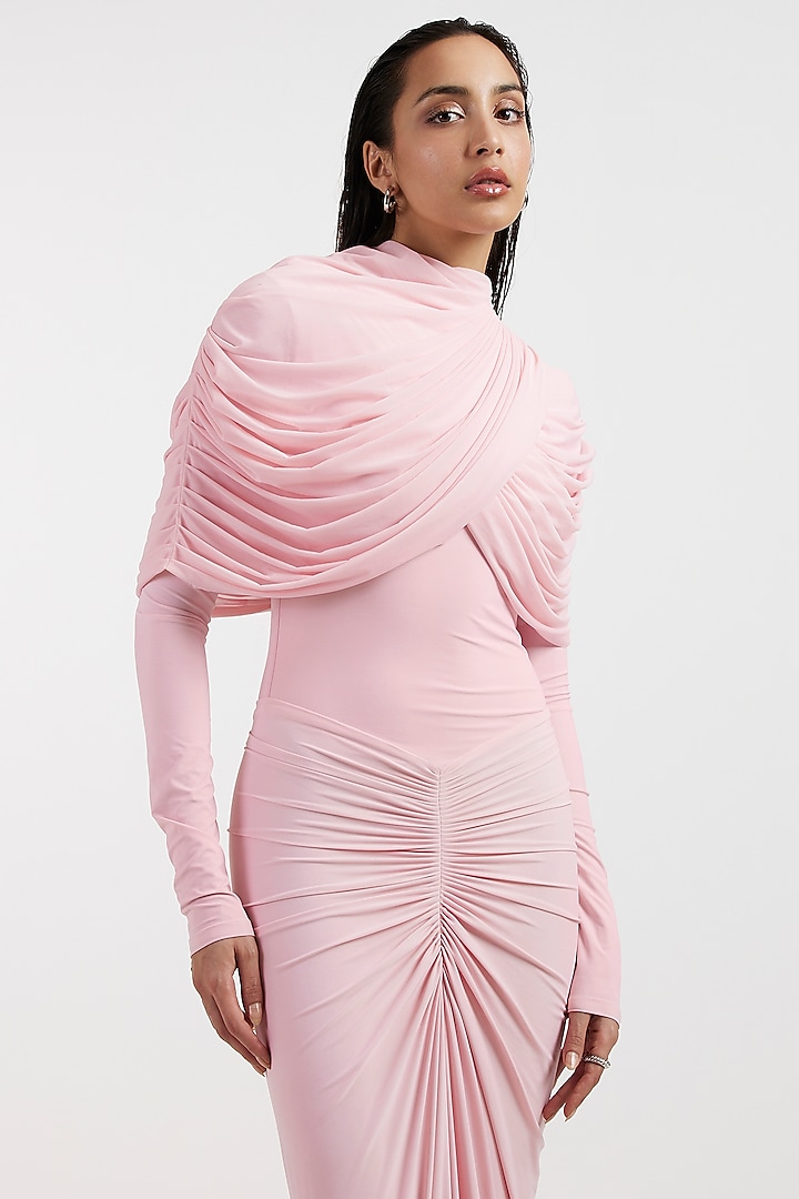 Baby Pink Malai & Net Draped Cocktail Dress by Deme by Gabriella at Pernia's Pop Up Shop