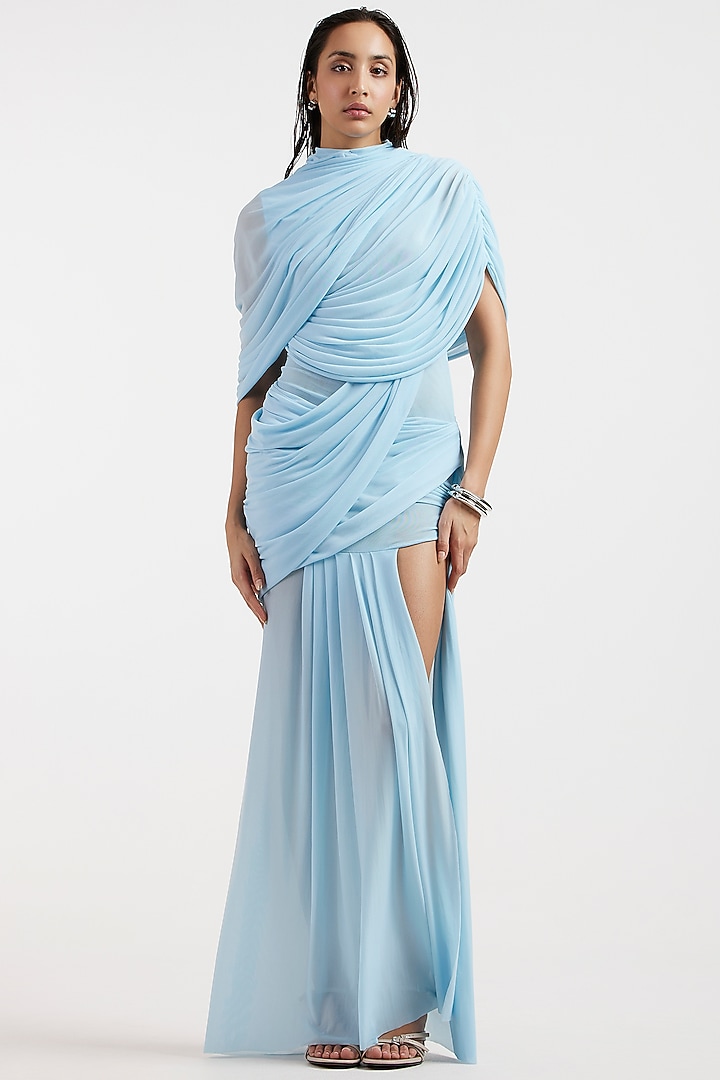 Baby Blue Malai & Net Draped Cocktail Dress by Deme by Gabriella at Pernia's Pop Up Shop